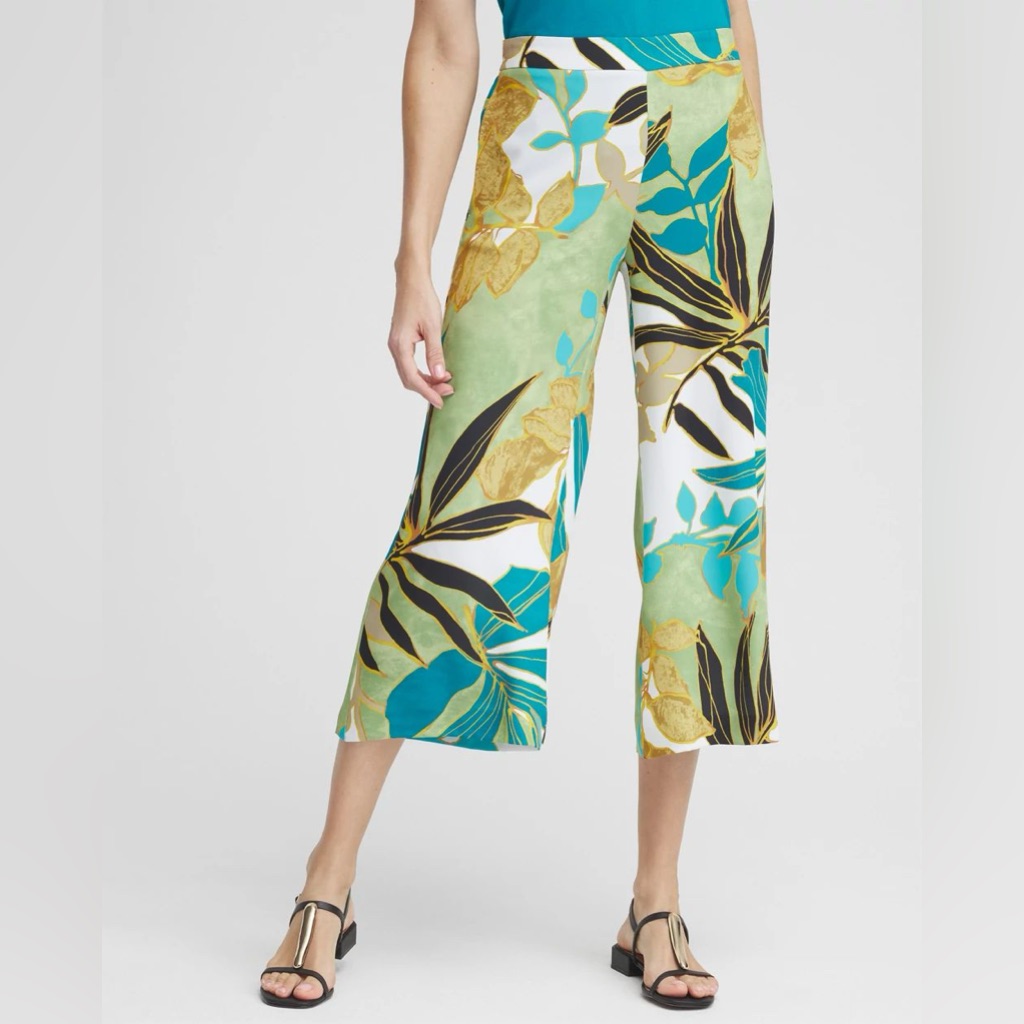 Chico’s White Green Yellow Palms Soft Crop Wide Leg Culotte Pants Chicos 3